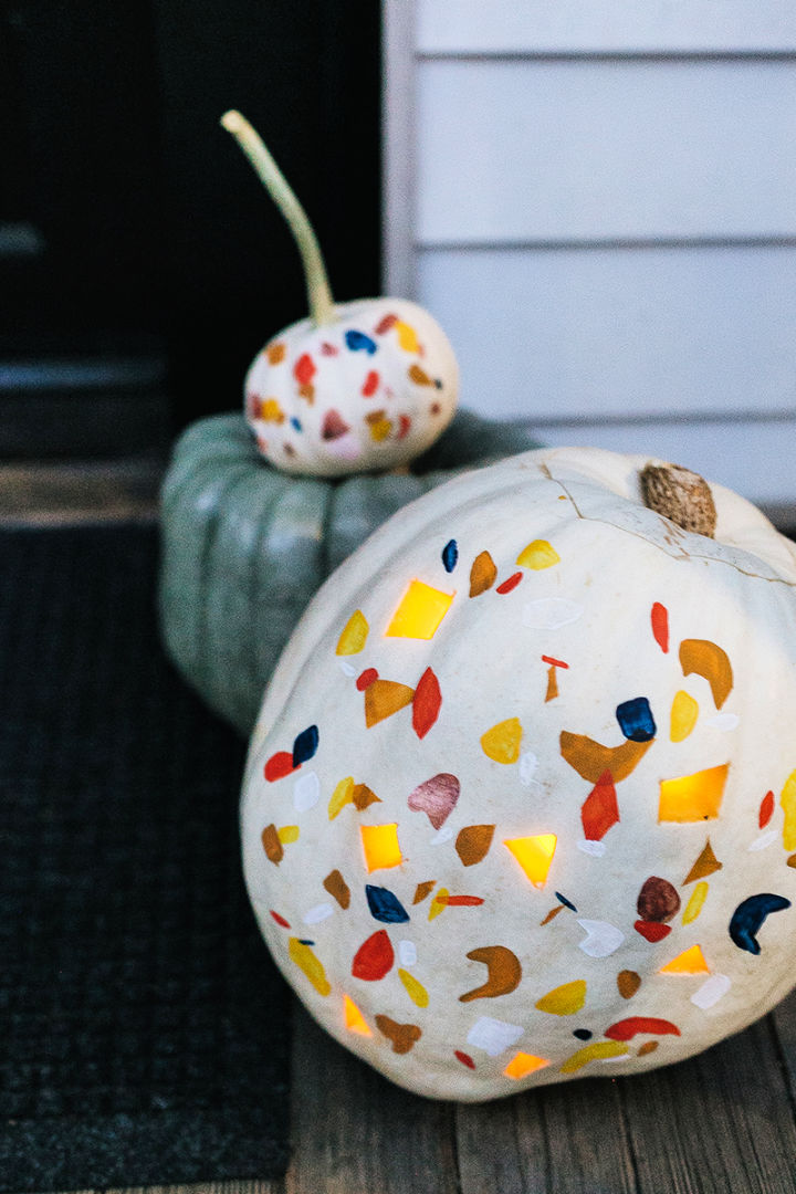 50 Easy Pumpkin Painting Ideas 2024 For Halloween Painted And Carved Terrazzo Pumpkin