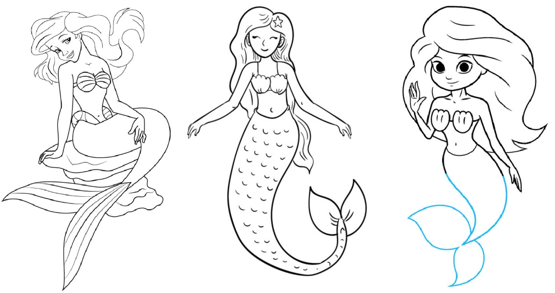 Beautiful Mermaid Drawing On Blue Sea Shore Postcard | Zazzle