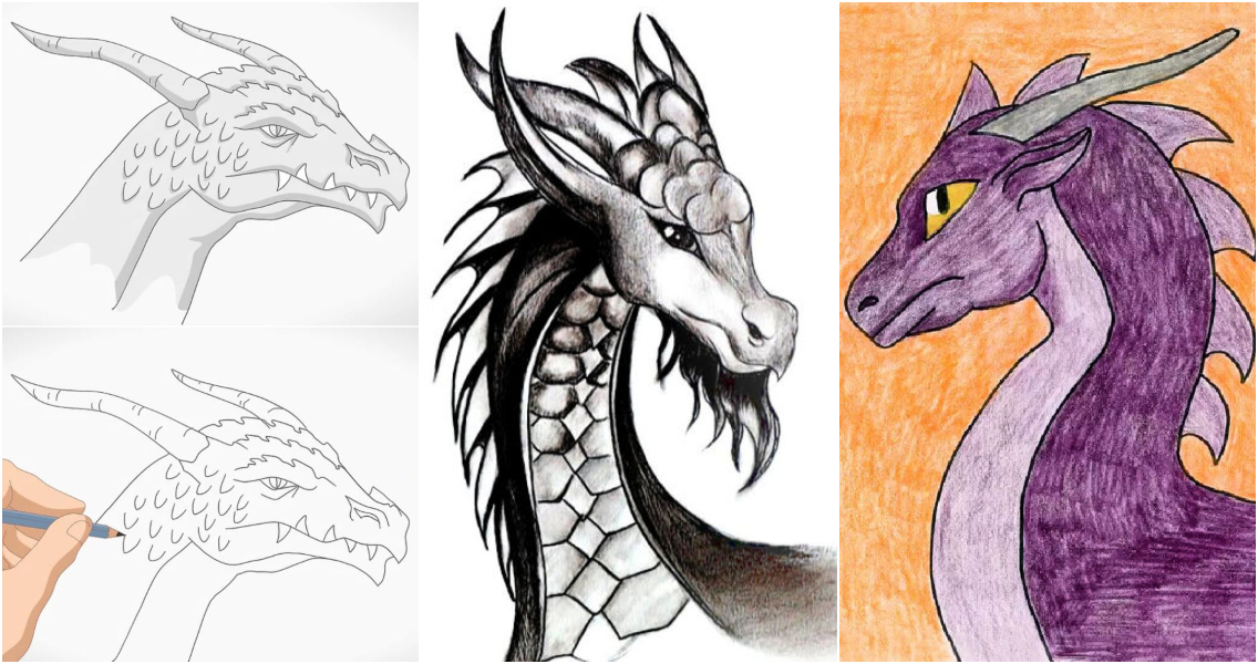 line drawings of dragon heads