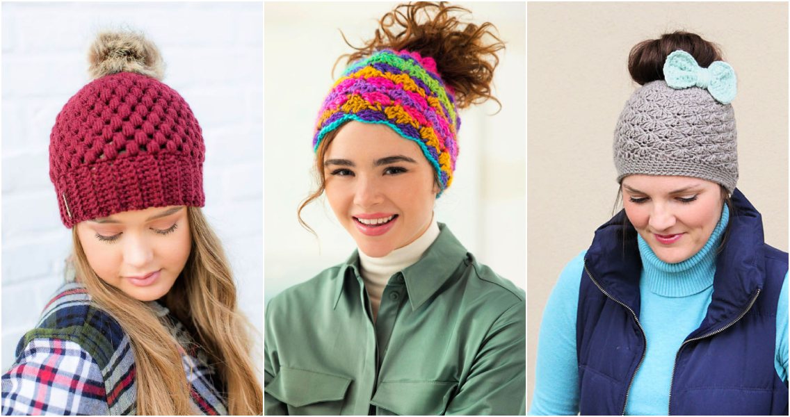 30 Free Crochet Messy Bun Hat Patterns - Blitsy